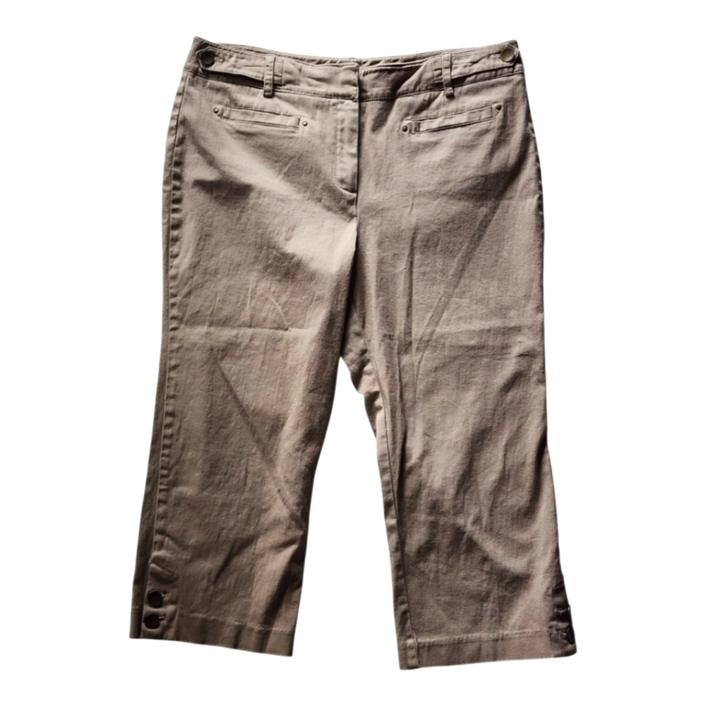 Hannah Stretch Crop Pants Sz 12 Khaki Button Hem Cotton Blend Casual Comfort